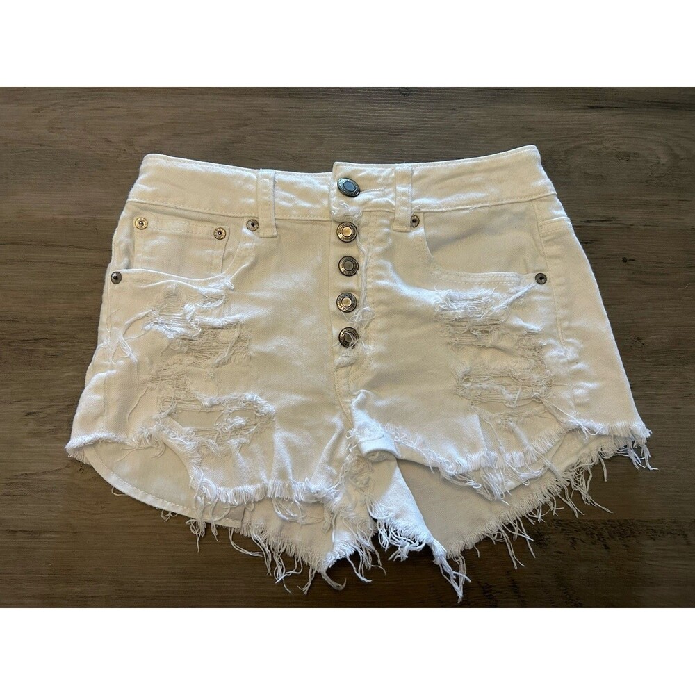 American Eagle Women’s Hi- Rise Festival Stretch Ripped White Sz 2 Cutoff Shorts